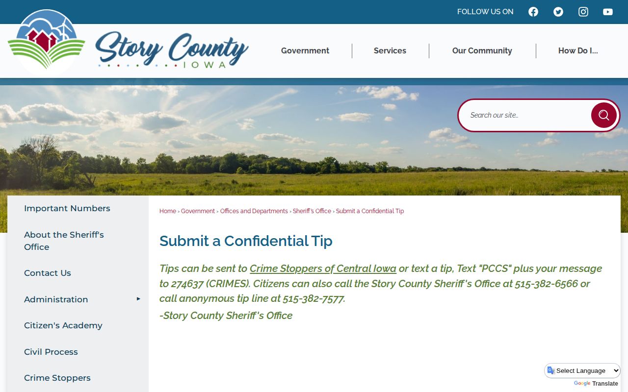 Story County confidential wanted tip official contact page