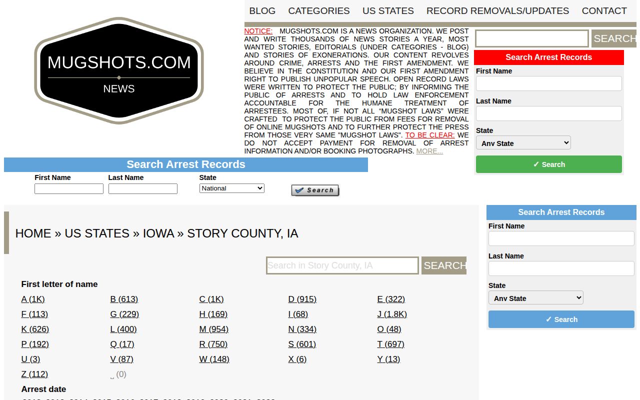 Unofficial Mugshots.com Story County archive for news source comparison